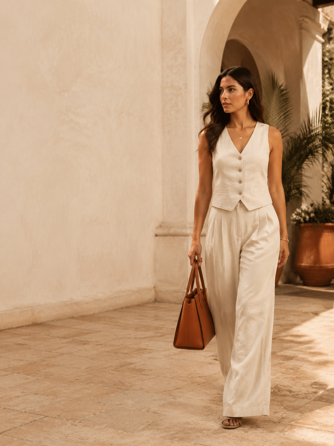 Mujer con bolsa camel en un patio elegante