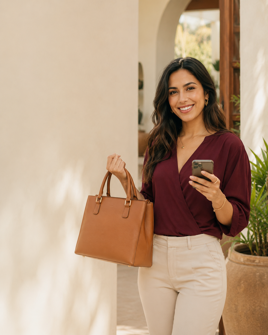 Mujer mostrando una bolsa RAMBER desde su celular
